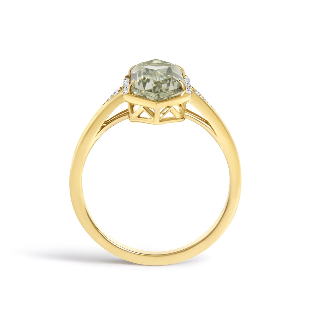 10K Yellow Gold Green Amethyst Hexagon Shaped and Diamond Accent Ring