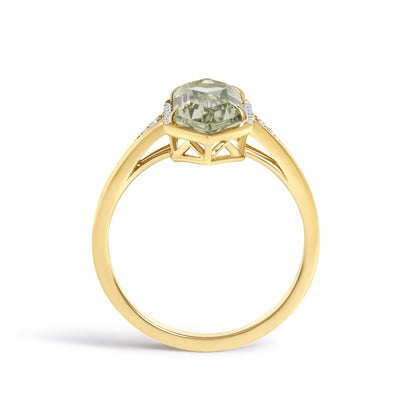 10K Yellow Gold Green Amethyst Hexagon Shaped and Diamond Accent Ring