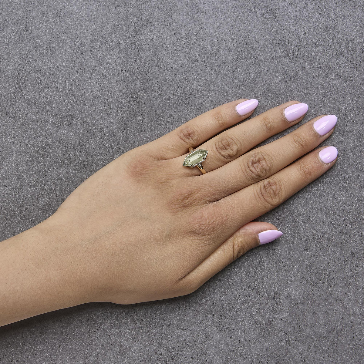 10K Yellow Gold Green Amethyst Hexagon Shaped and Diamond Accent Ring