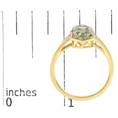 10K Yellow Gold Green Amethyst Hexagon Shaped and Diamond Accent Ring