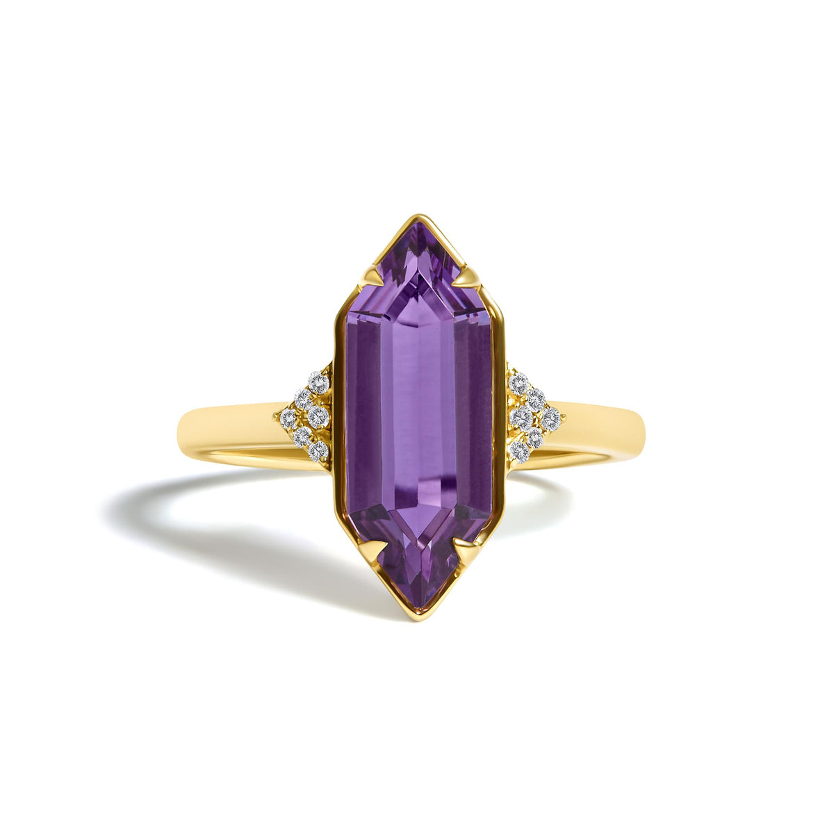 10K Yellow Gold Hexagon Purple Amethyst and Diamond Accent Geometric Ring