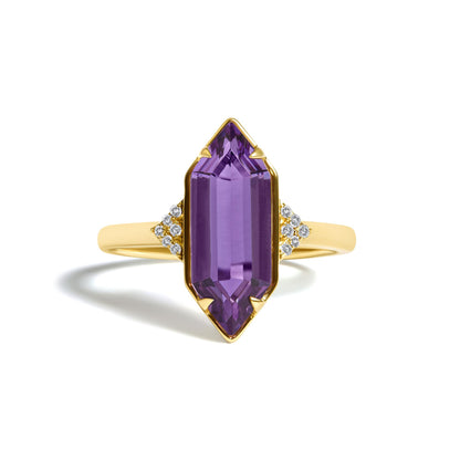 10K Yellow Gold Hexagon Purple Amethyst and Diamond Accent Geometric Ring