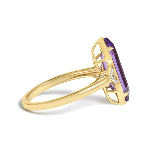 10K Yellow Gold Hexagon Purple Amethyst and Diamond Accent Geometric Ring