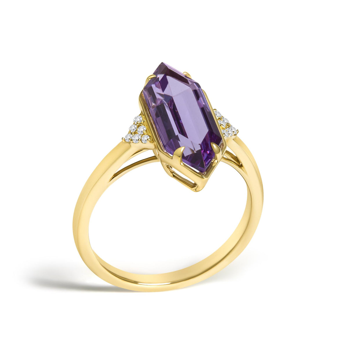 10K Yellow Gold Hexagon Purple Amethyst and Diamond Accent Geometric Ring