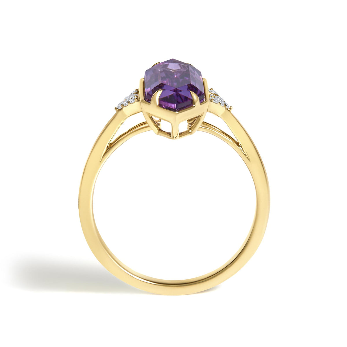 10K Yellow Gold Hexagon Purple Amethyst and Diamond Accent Geometric Ring