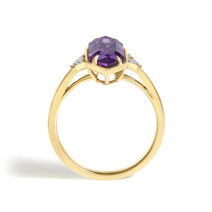 10K Yellow Gold Hexagon Purple Amethyst and Diamond Accent Geometric Ring