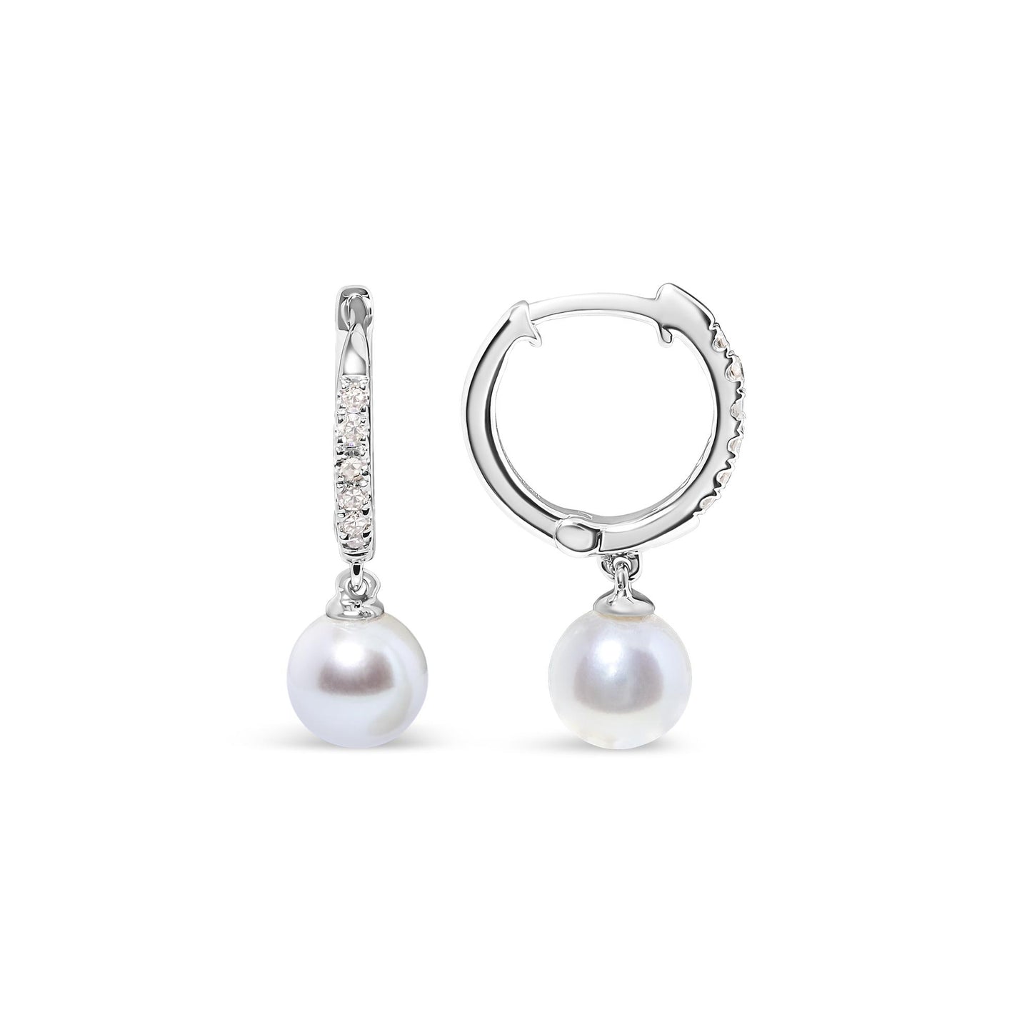 Pair of white metal hoop earrings with small white gemstones set on the front, each featuring a single round white pearl drop, shown from front and side angles on a white background.