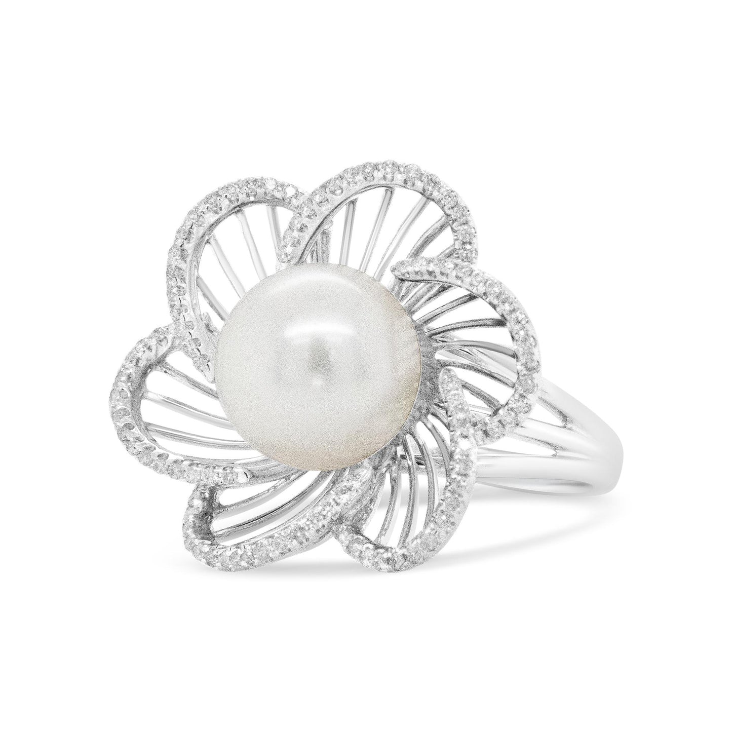 White metal ring with a flower-shaped design featuring a central smooth round pearl surrounded by petals outlined with small white gemstones, shown in a front angle view.