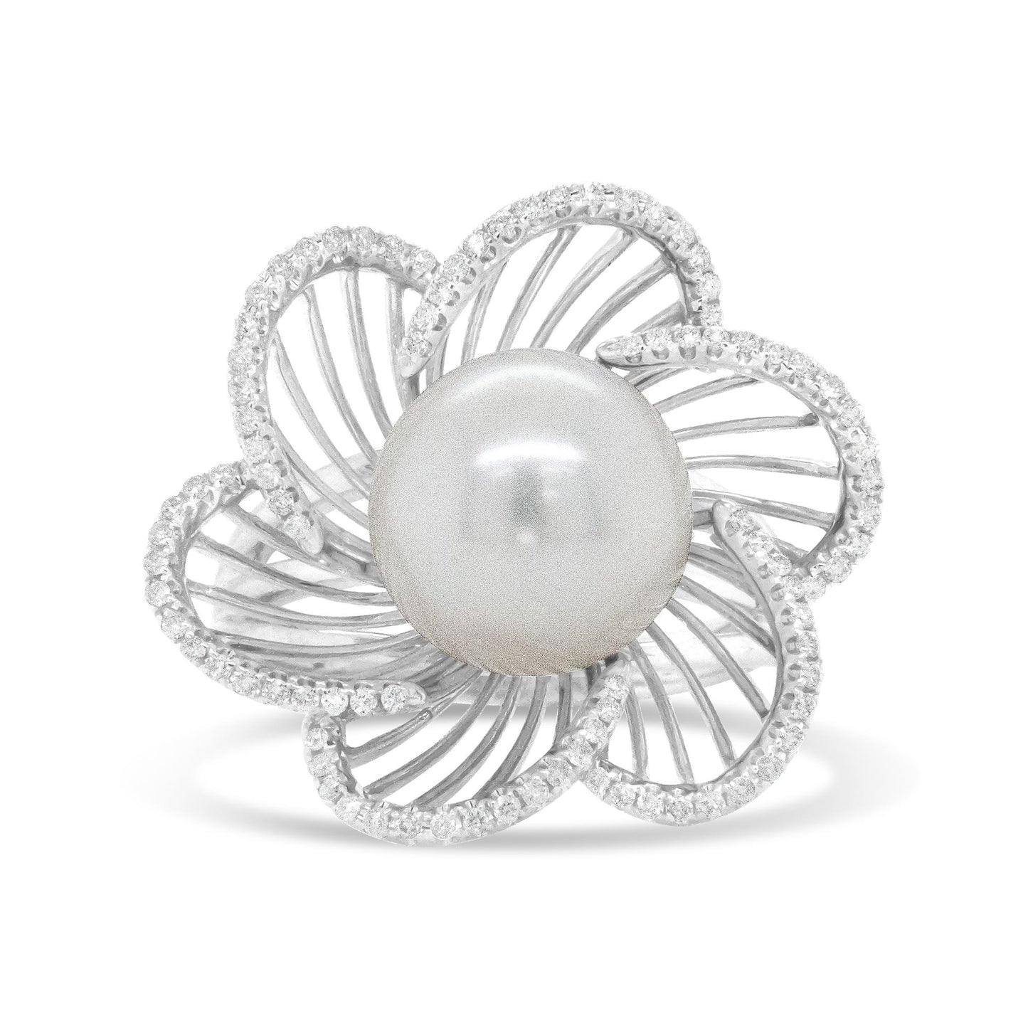 Front angle view of a white metal ring designed as a flower with a large central pearl and petals outlined with small white round gemstones in pave setting.