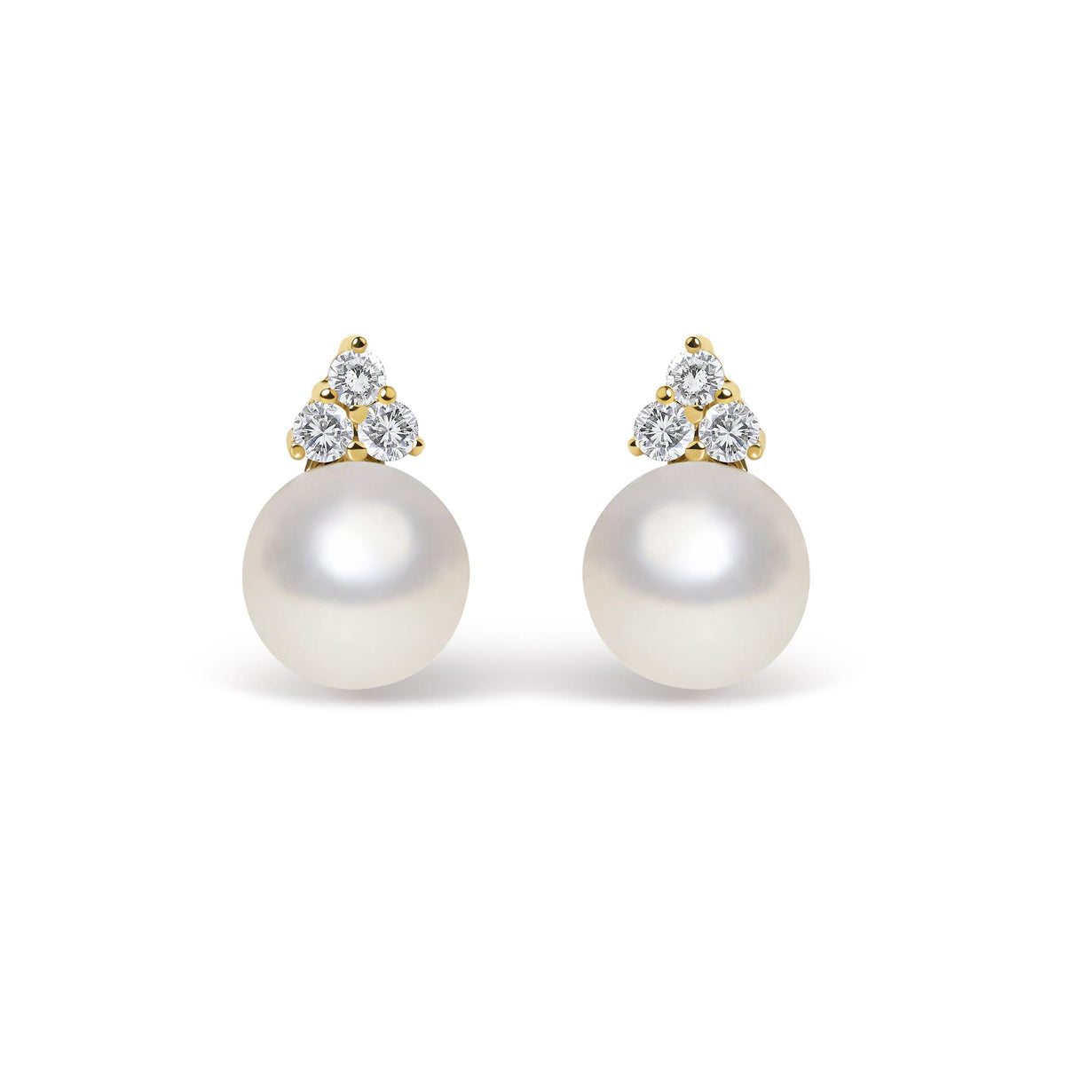 Close-up front view of yellow metal earrings featuring a large round white gemstone at the bottom and a cluster of three smaller round white gemstones in prong settings above it, shown on a white background.
