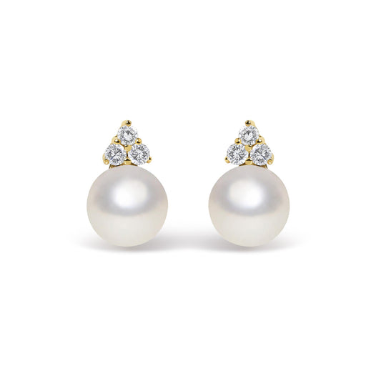 Front view of pearl and gemstone trio stud earrings showcasing clustered accents with a white background