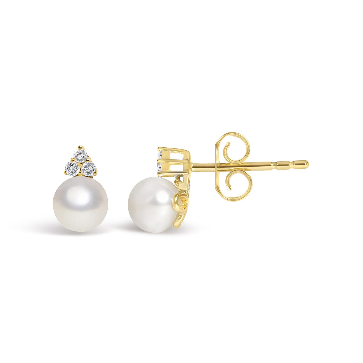 Close-up front and side view of yellow metal stud earrings with round white gemstones arranged in a triangular cluster above large round pearls, shown on a white background.