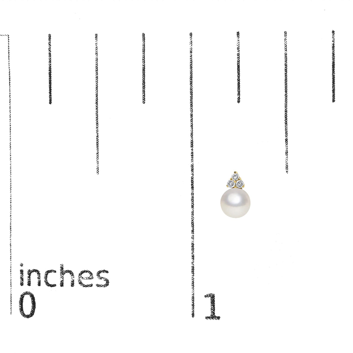 Close-up front view of a yellow metal earring featuring a large round white pearl topped with a triangle cluster of round white gemstones in prong settings, shown on a measurement scale.