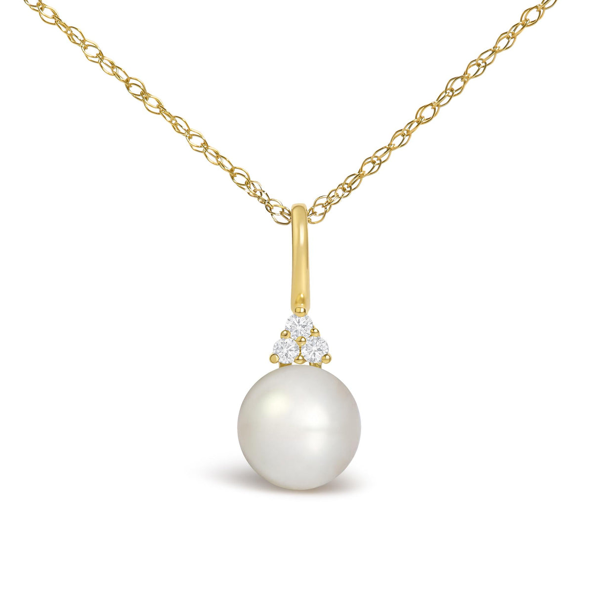 Close-up front view of a yellow necklace chain with a pendant featuring three prong-set round white gemstones above a large white pearl.
