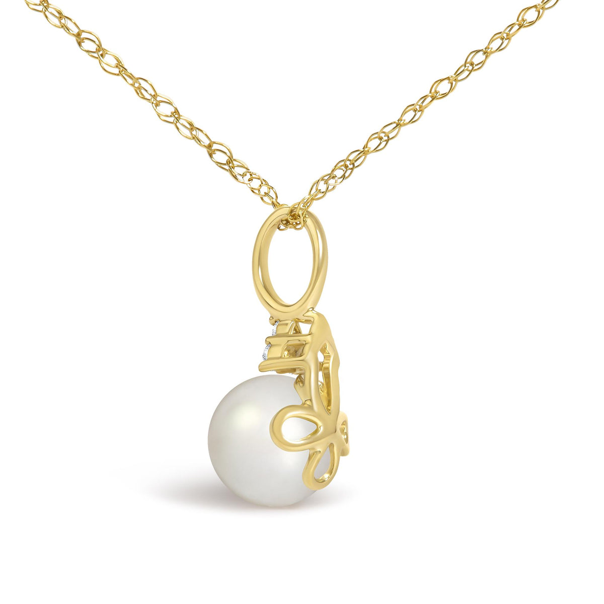 Close-up front view of a yellow metal chain necklace with a round yellow metal pendant and attached white gemstone accents. The pendant hangs from an oval yellow metal link. The necklace is displayed against a white background.