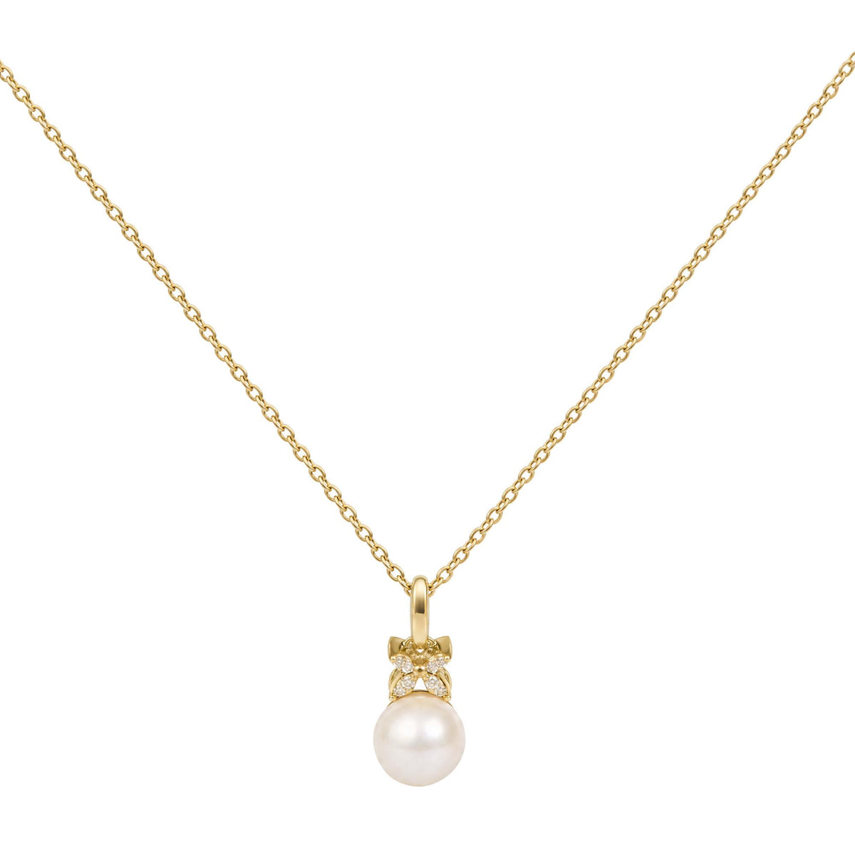 Close-up front view of a yellow metal necklace with a pendant featuring a round white pearl and a cluster of white gemstones in a prong setting above it.