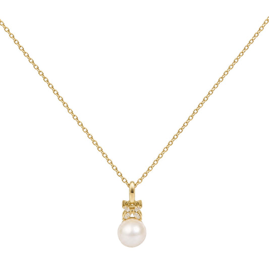 Close-up front view of a yellow metal necklace with a pendant featuring a round white pearl and a cluster of white gemstones in a prong setting above it.