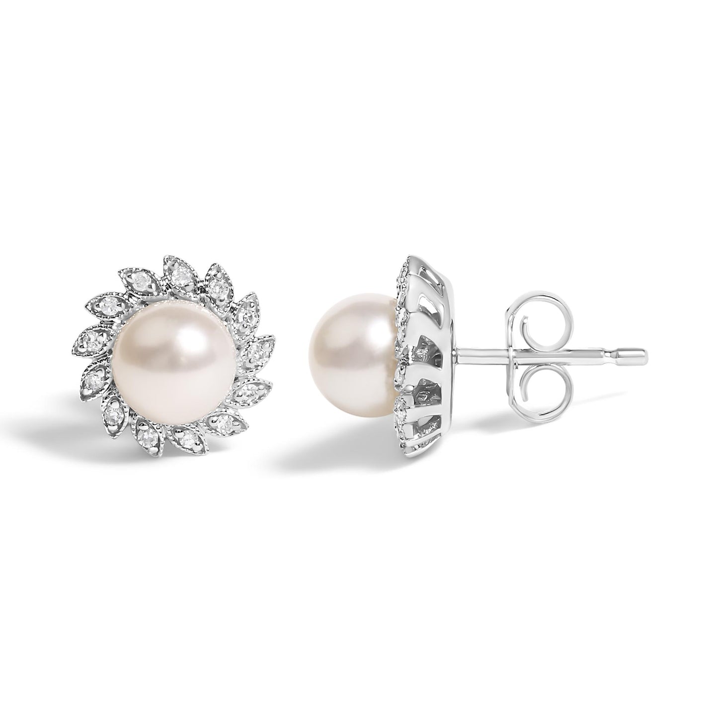 Close-up front and side angle view of a pair of white metal stud earrings with a central round pearl surrounded by white gemstones in a decorative pattern, shown on a white background.