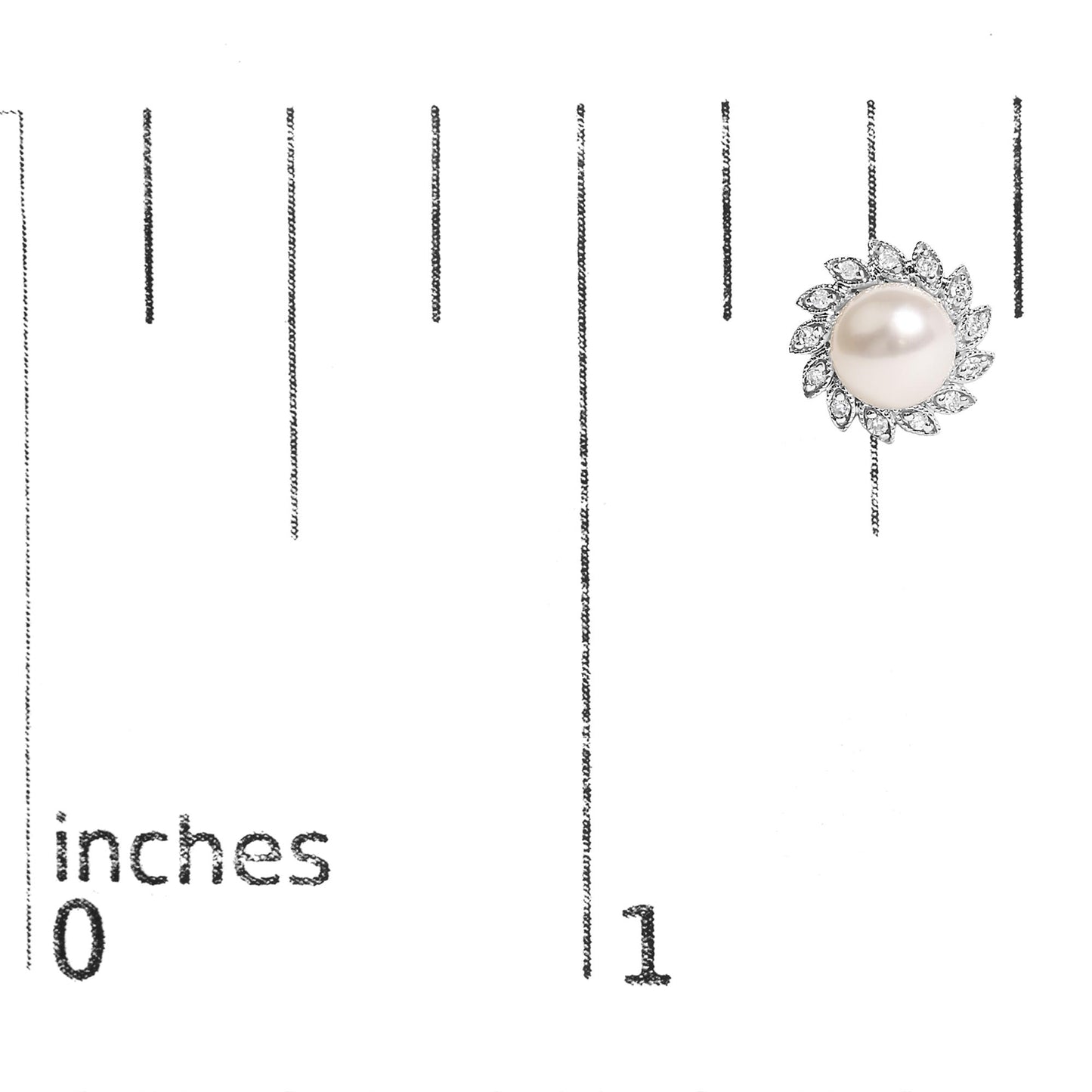 Close-up front angle of a white metal earring with a central round pearl-like gemstone surrounded by multiple marquise-shaped white gemstones in a pave setting, shown on a scale marked in inches.