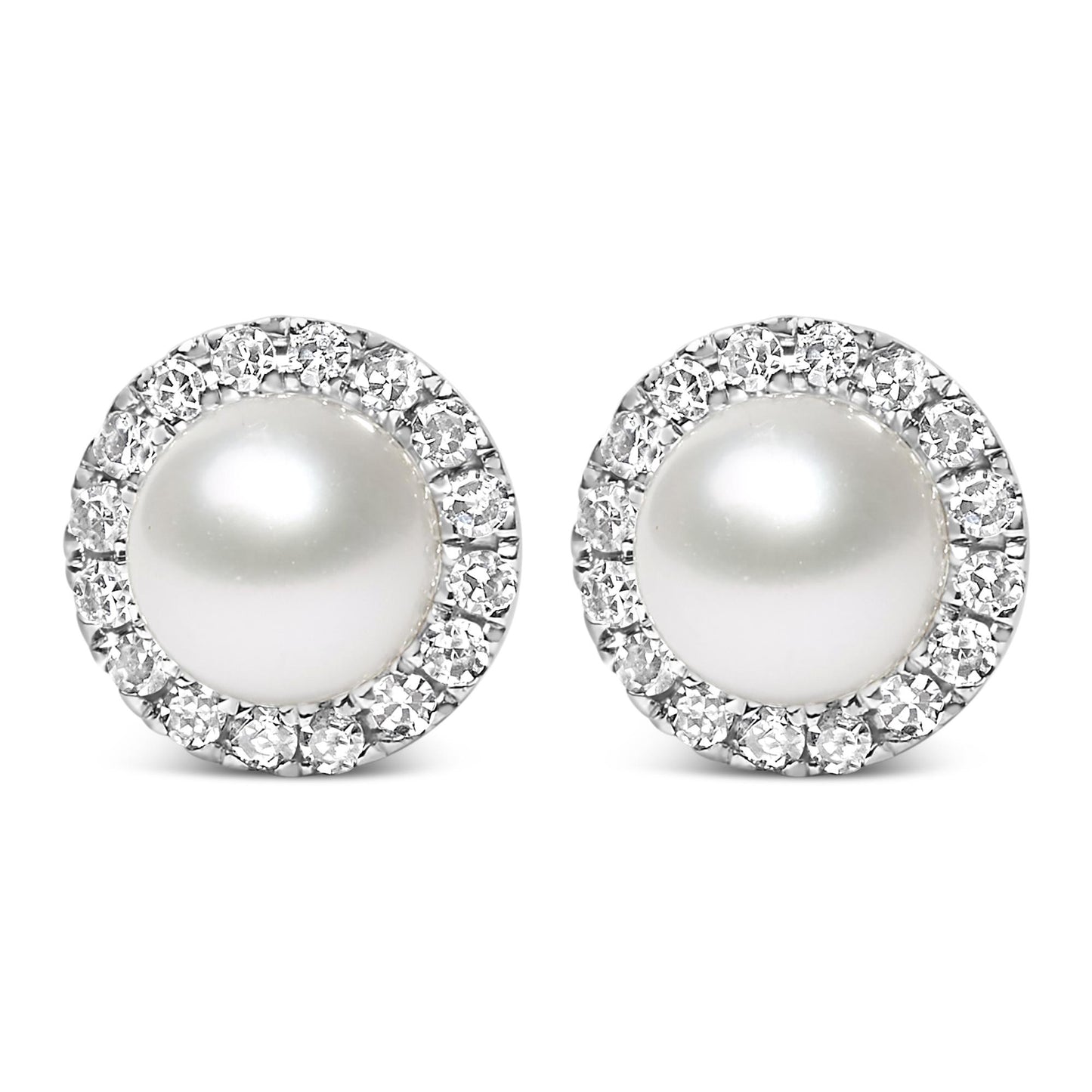 Front view of a pair of white metal stud earrings featuring a large central white gemstone surrounded by a circle of small white gemstones in a pave setting.