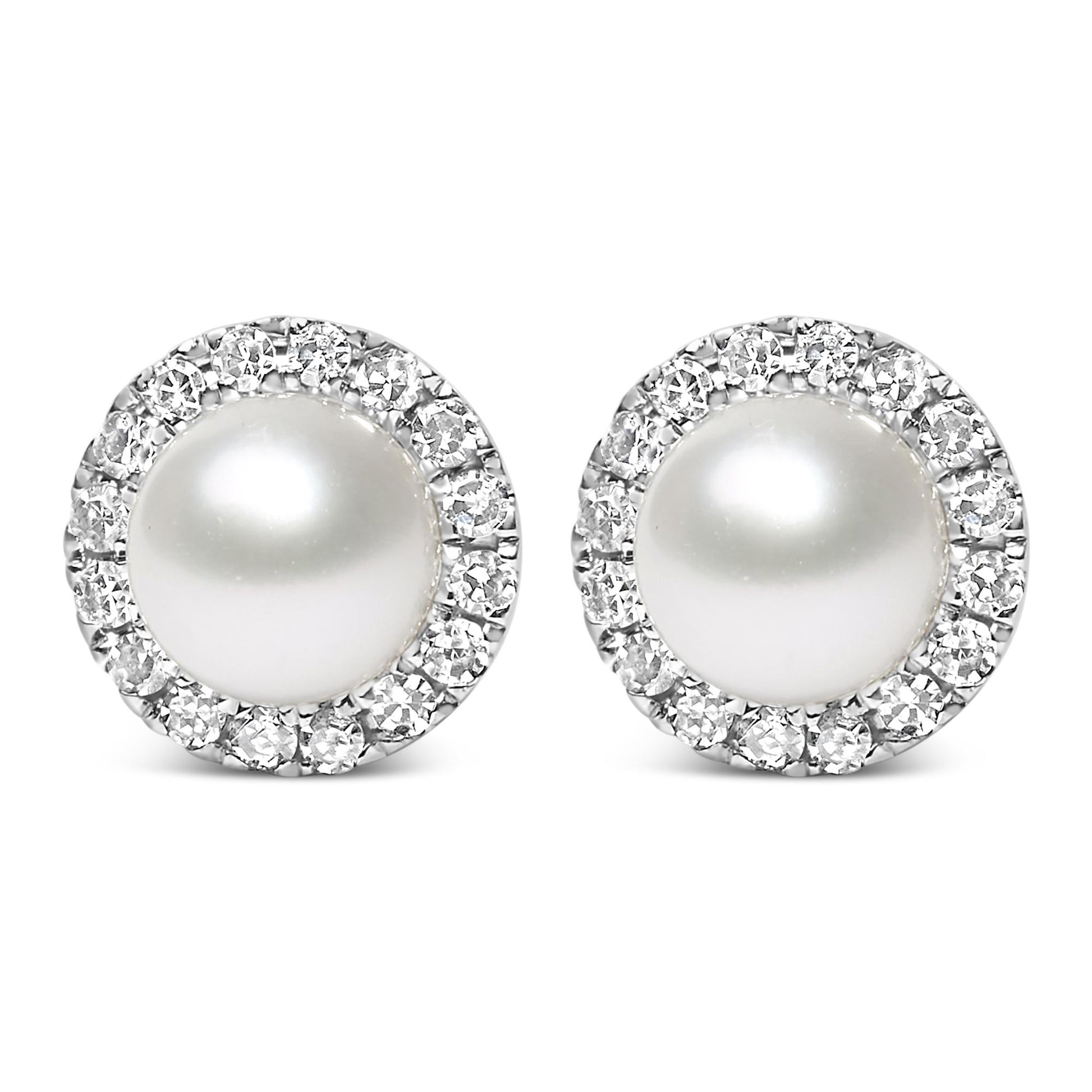 Front view of a pair of white metal stud earrings featuring a large central white gemstone surrounded by a circle of small white gemstones in a pave setting.