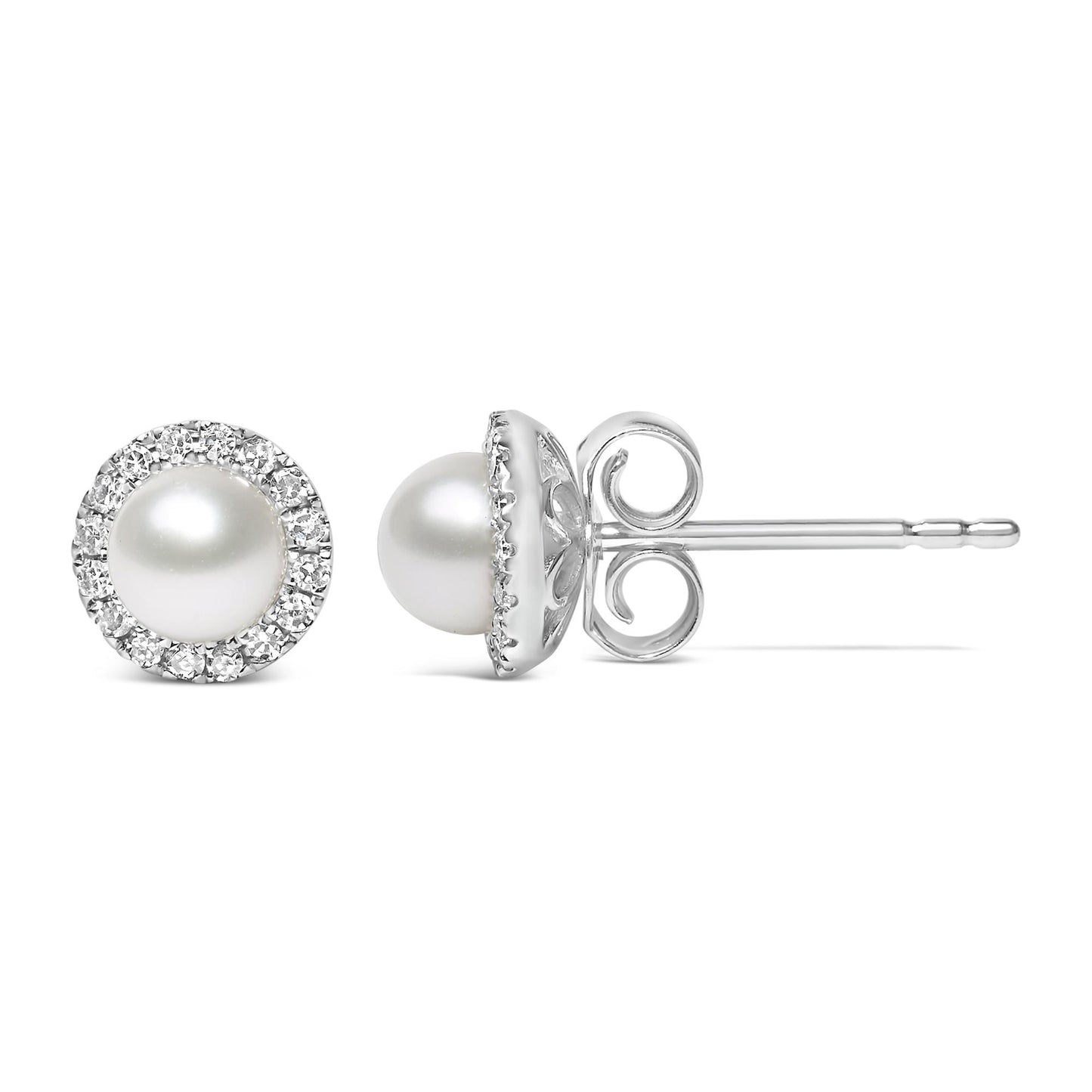 Close-up front and side view of white stud earrings featuring a central round white gemstone encircled by pave-set round white gemstones.