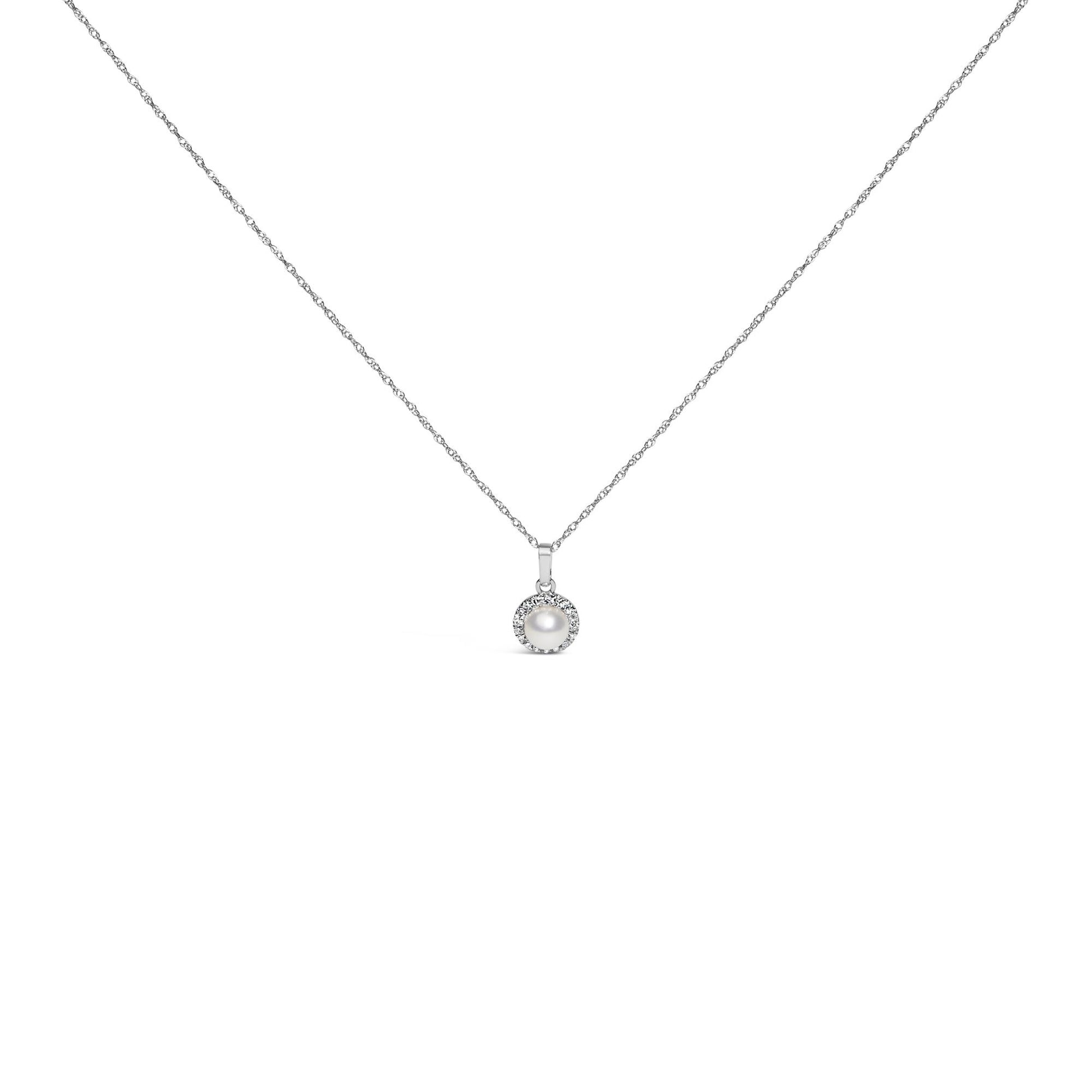 10K White Gold 5MM Cultured Pearl and Diamond Accent Halo Pendant Necklace