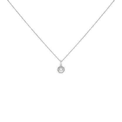 10K White Gold 5MM Cultured Pearl and Diamond Accent Halo Pendant Necklace