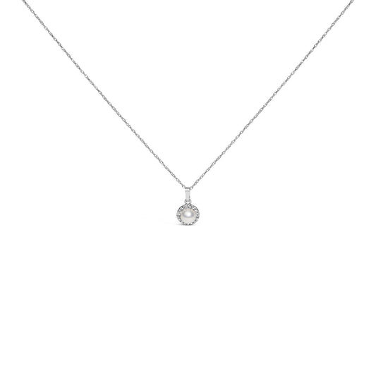 10K White Gold 5MM Cultured Pearl and Diamond Accent Halo Pendant Necklace