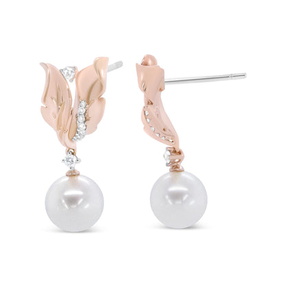 Front and side view of rose metal earrings with leaf design accented by prong-set white round gemstones and a single large white pearl drop.