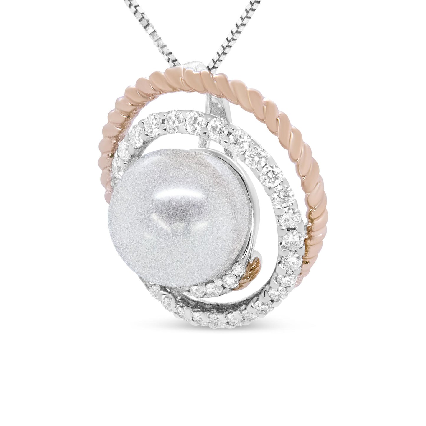 Close-up front angle of a necklace pendant featuring a large white pearl centerpiece surrounded by a twisted rose-colored metal loop and a white metal loop adorned with round pave-set white gemstones.