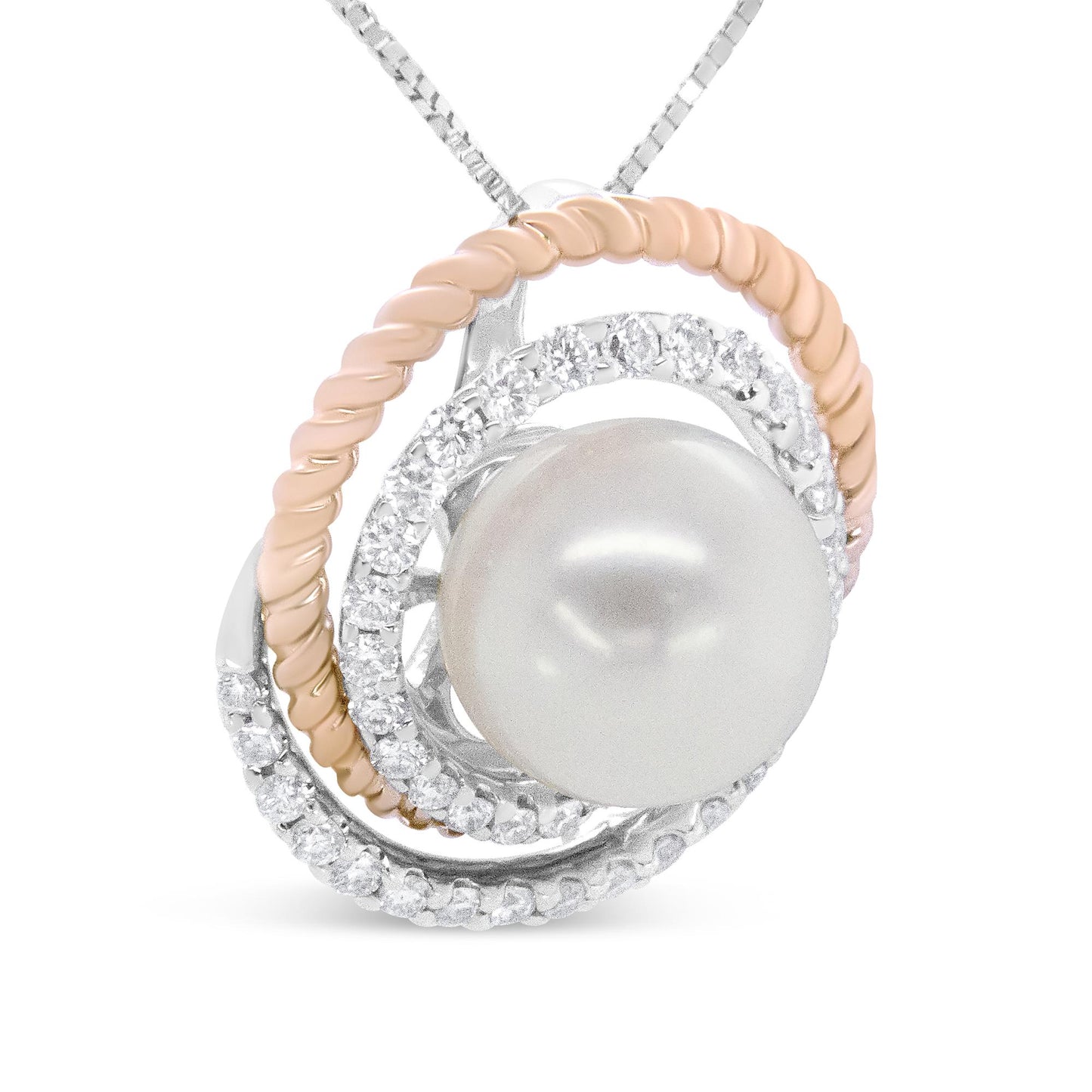 Close-up front angle of a necklace pendant featuring a large central white pearl, surrounded by intertwined white and rose metal loops, with the white metal loops adorned with round white gemstones in a pave setting.