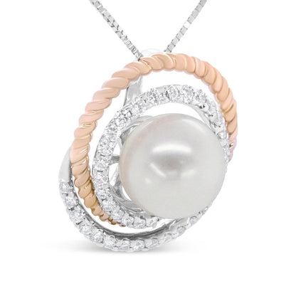 Close-up front angle of a necklace pendant featuring a large central white pearl, surrounded by intertwined white and rose metal loops, with the white metal loops adorned with round white gemstones in a pave setting.