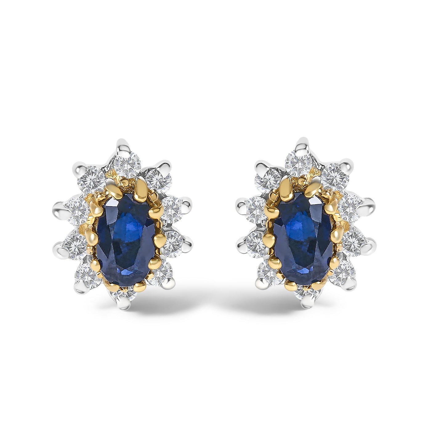 Pair of yellow metal earrings with oval blue gemstones surrounded by round white gemstones, shown from a front angle on a white background.