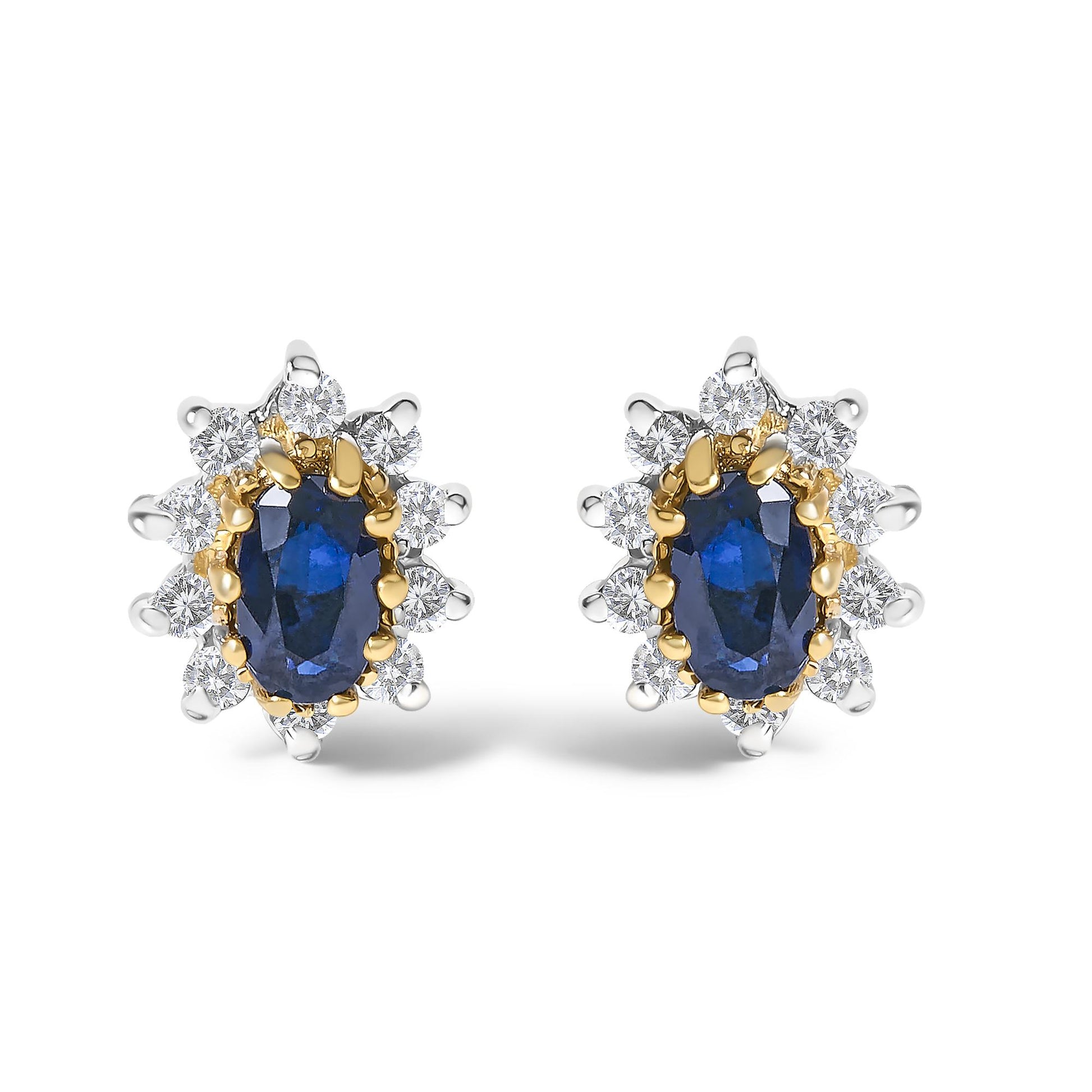 Pair of yellow metal earrings with oval blue gemstones surrounded by round white gemstones, shown from a front angle on a white background.