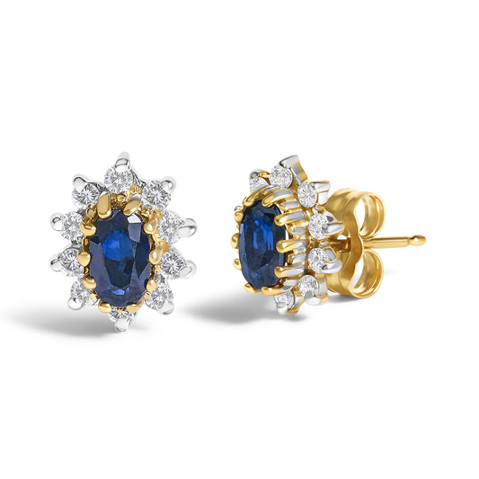 Pair of yellow metal stud earrings with oval blue gemstones surrounded by round white gemstones, shown from front and side angles on a white background.