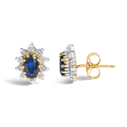 Pair of yellow metal stud earrings with oval blue gemstones surrounded by round white gemstones, shown from front and side angles on a white background.