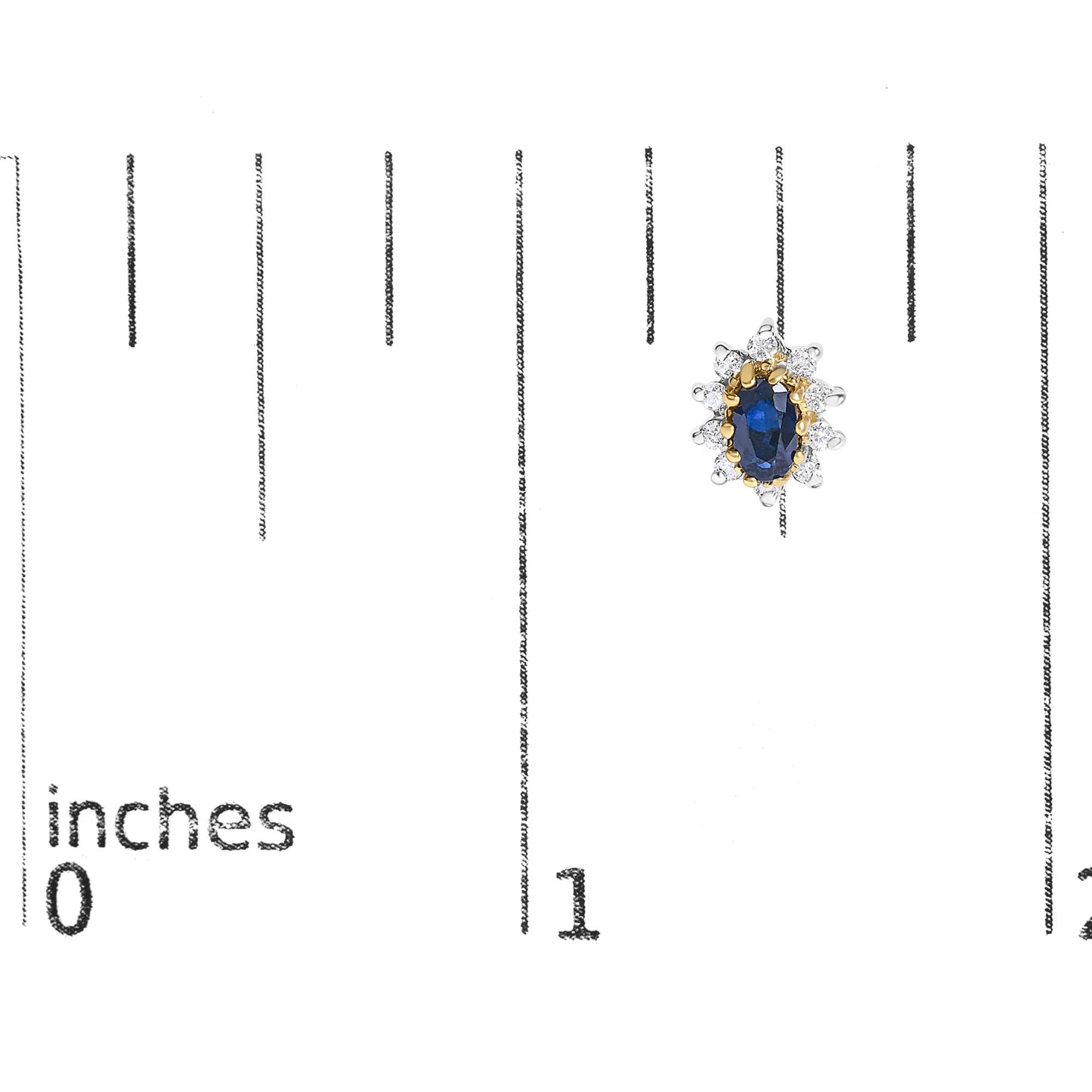 Close-up image of a yellow metal earring with an oval blue gemstone center surrounded by round white gemstones in prong settings, shown on a scale.