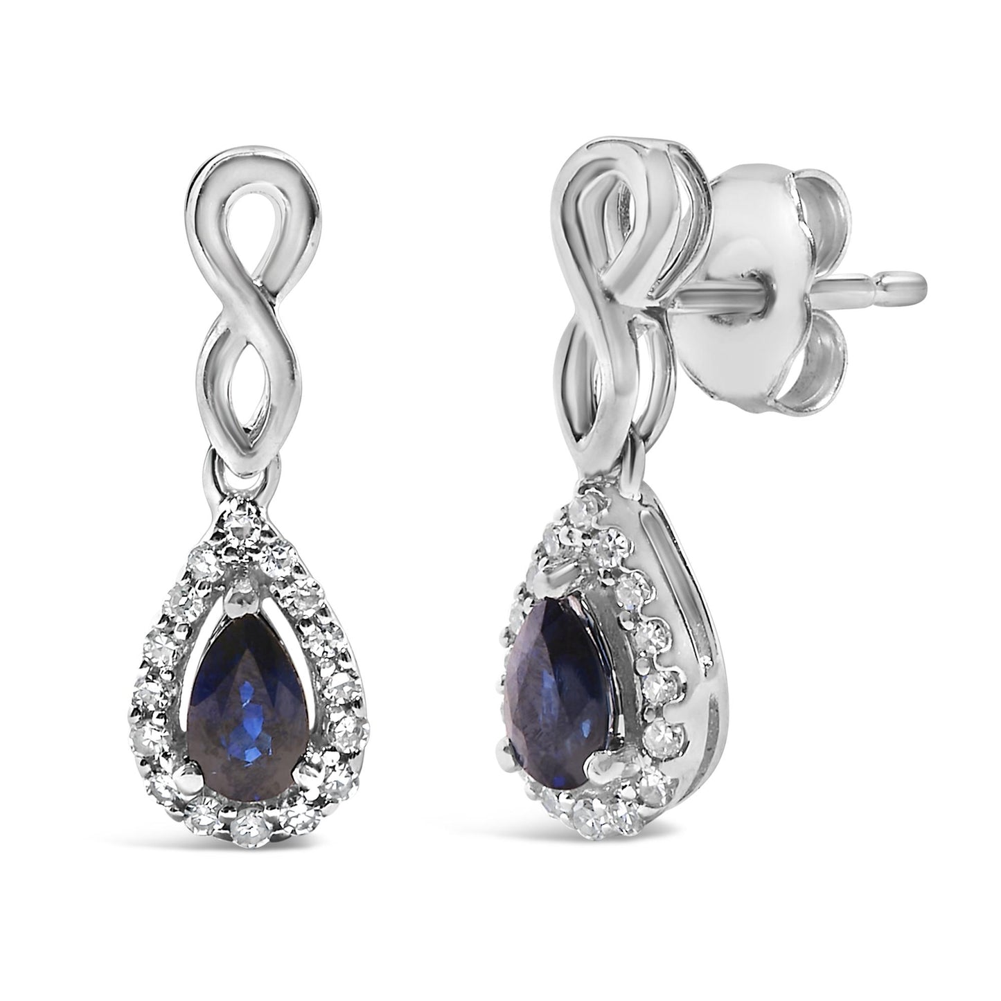 Pair of white metal earrings shown from front and side angles, featuring an infinity loop design with a teardrop-shaped blue gemstone surrounded by small white gemstones in a pave setting.