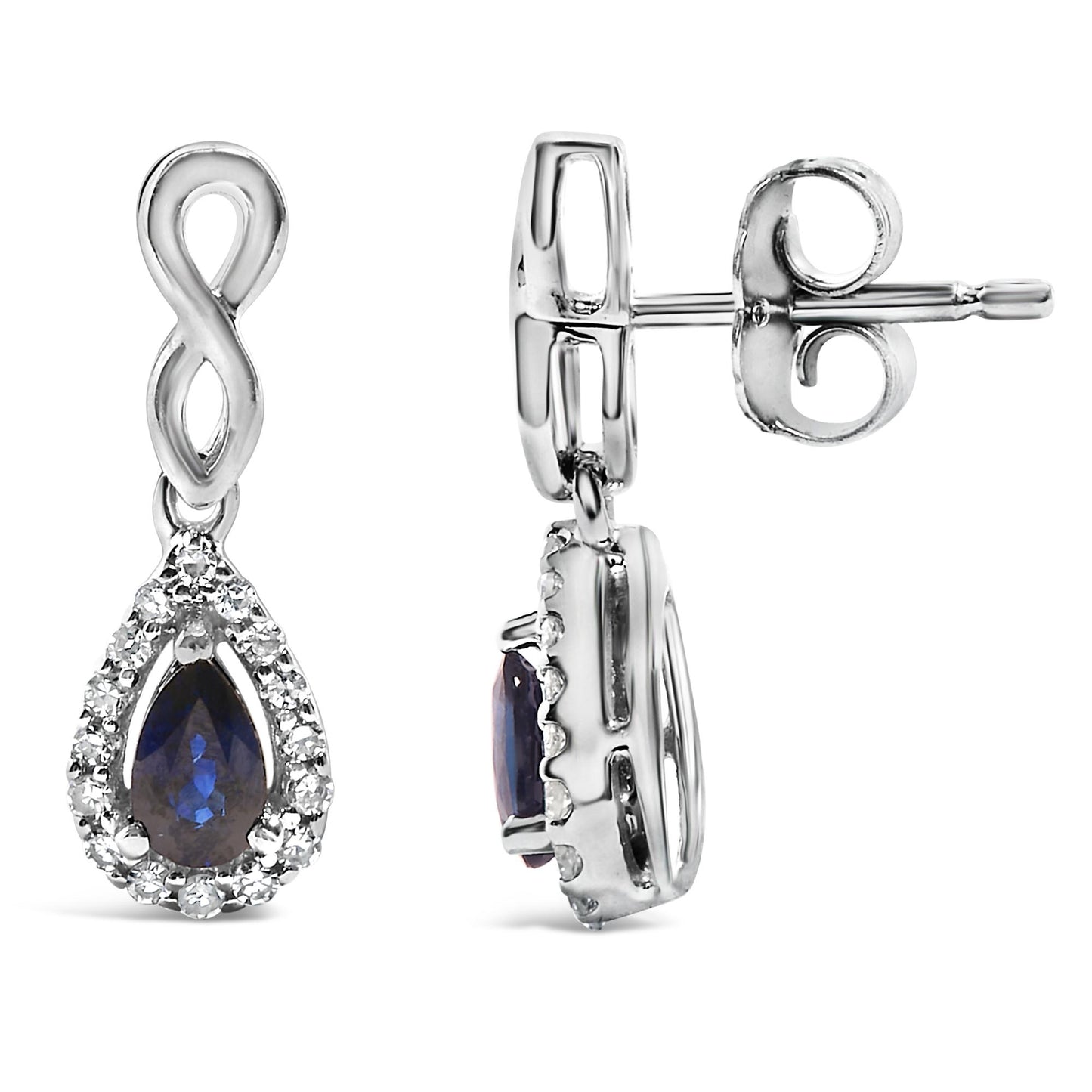 White metal earrings shown in a front and side view, featuring an infinity shape at the top, with a pear-shaped blue gemstone surrounded by a halo of small white gemstones hanging below.