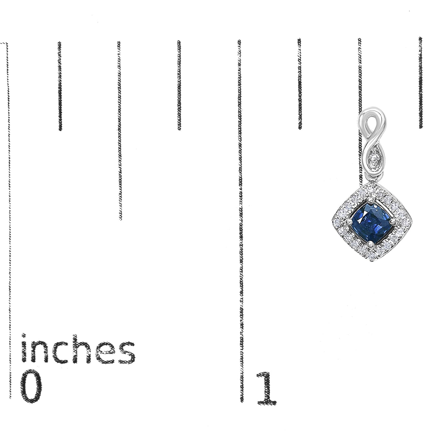 Close-up image of a single white metal earring shown on a measurement scale, featuring a blue cushion-shaped gemstone surrounded by smaller round white gemstones, captured from a front angle.