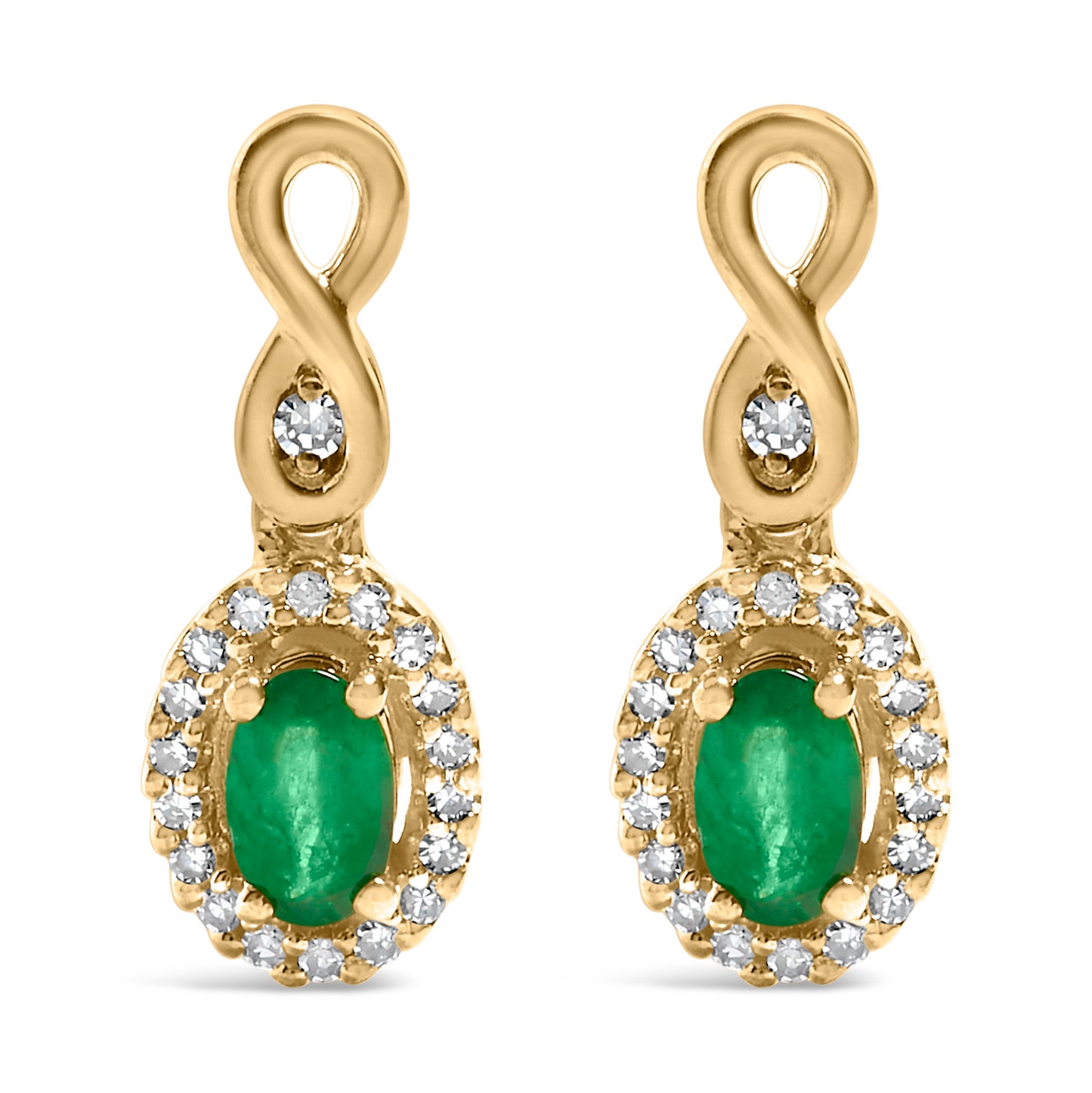 Front view of a pair of yellow metal earrings featuring an infinity loop design at the top with a single white gemstone in the center of the loop. Below the loop hangs an oval-shaped green gemstone surrounded by a pave setting of small white gemstones.