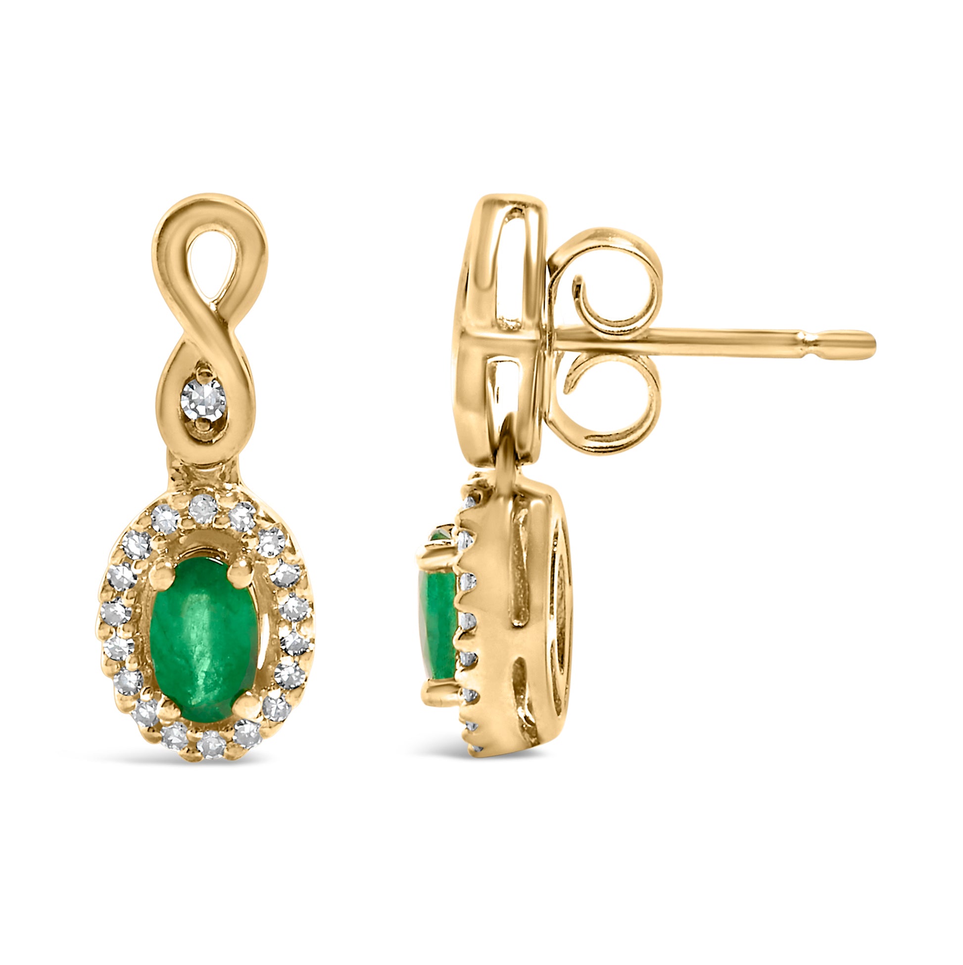 Front and side view of yellow metal drop earrings with an oval green gemstone surrounded by small white gemstones, and an infinity loop design featuring a single white gemstone, shown on a white background.