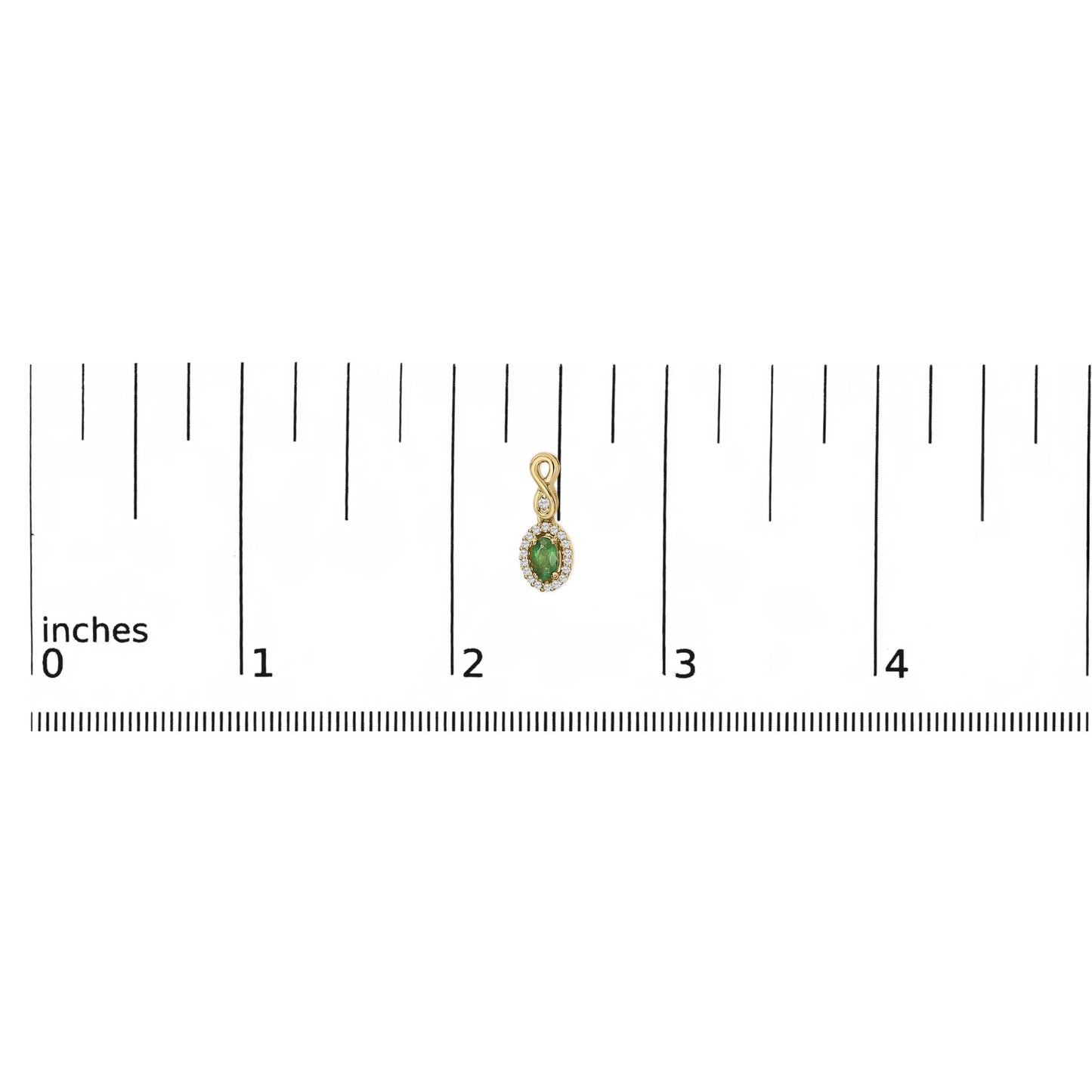 Yellow metal earring with an oval green gemstone surrounded by small white gemstones in a pave setting, shown on a scale from above.