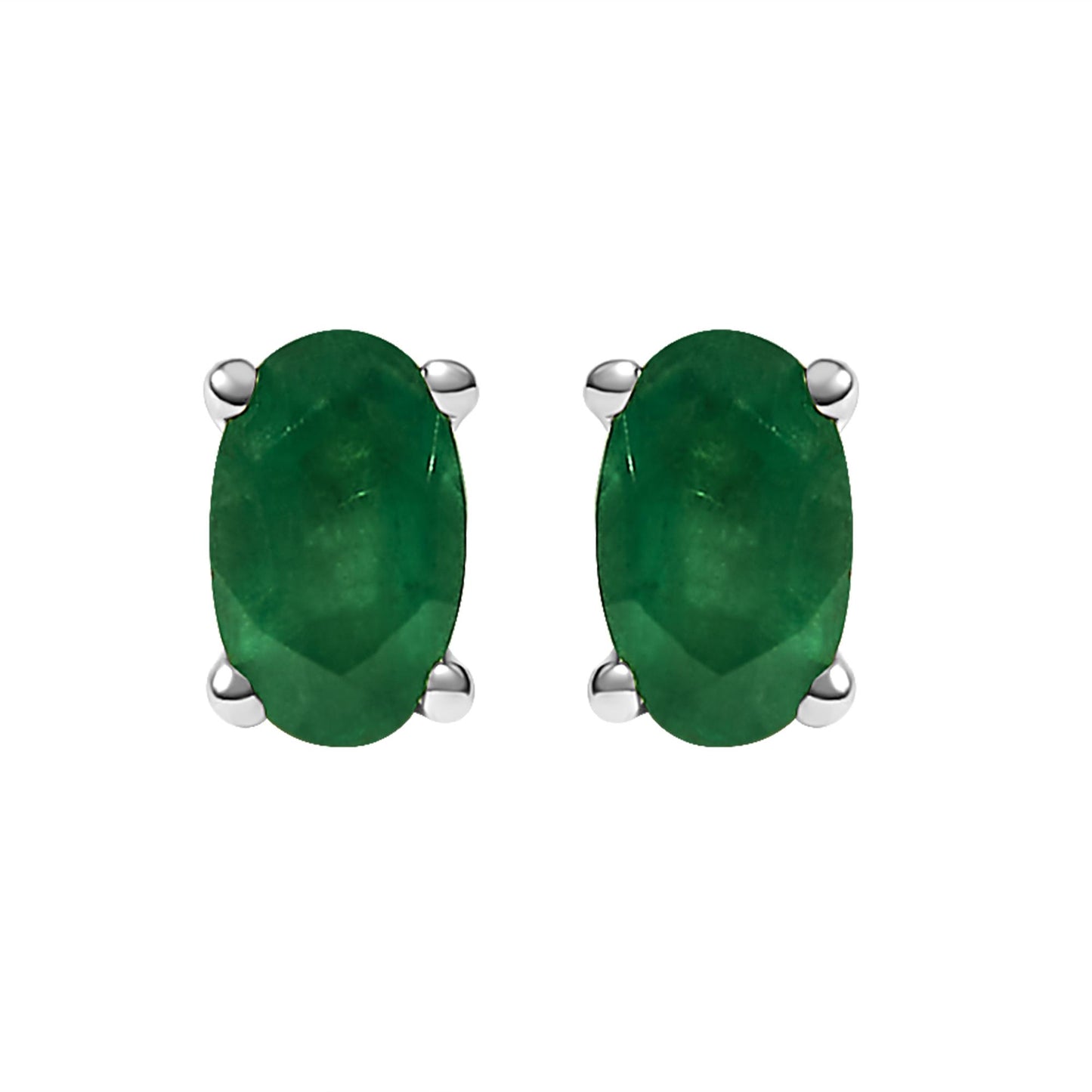 Front view of white metal stud earrings each featuring an oval-shaped green gemstone in prong setting.