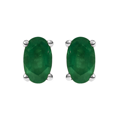 Front view of white metal stud earrings each featuring an oval-shaped green gemstone in prong setting.