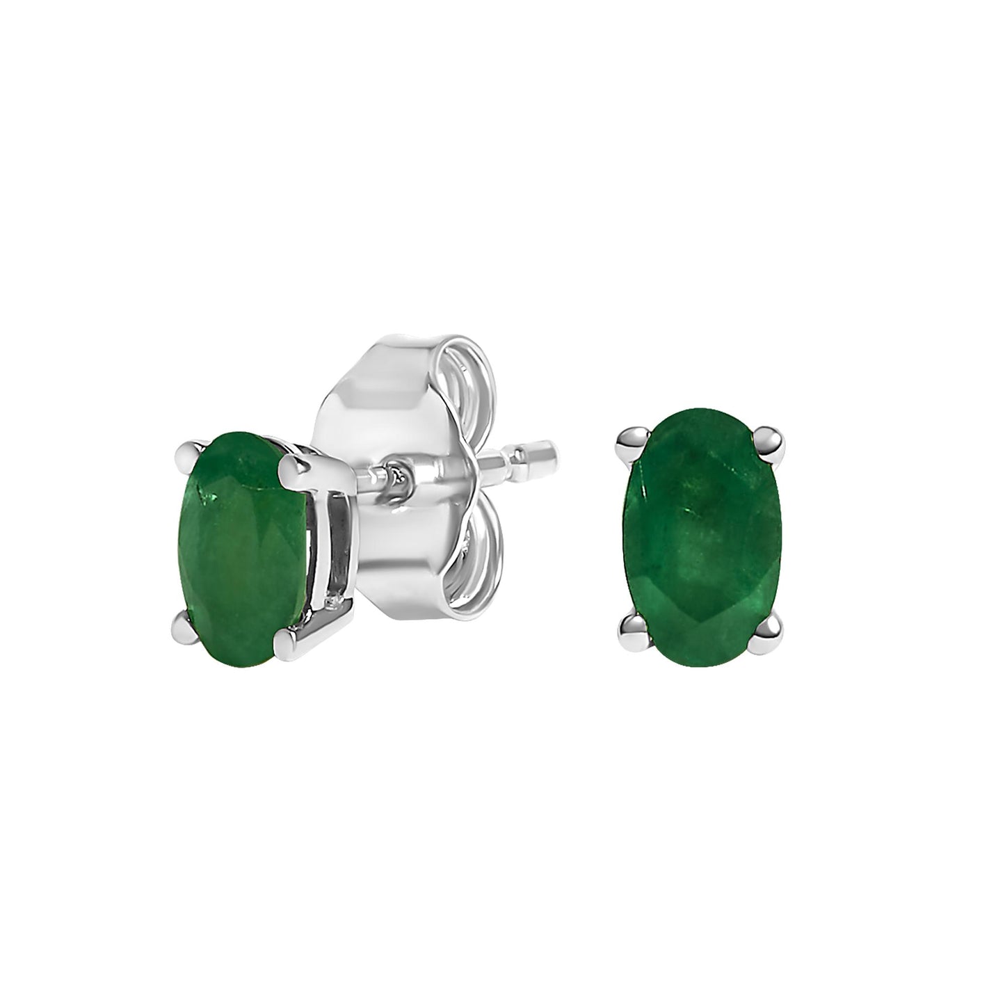 Pair of white metal stud earrings with oval green gemstones in prong settings, shown from front and side angles on a white background.