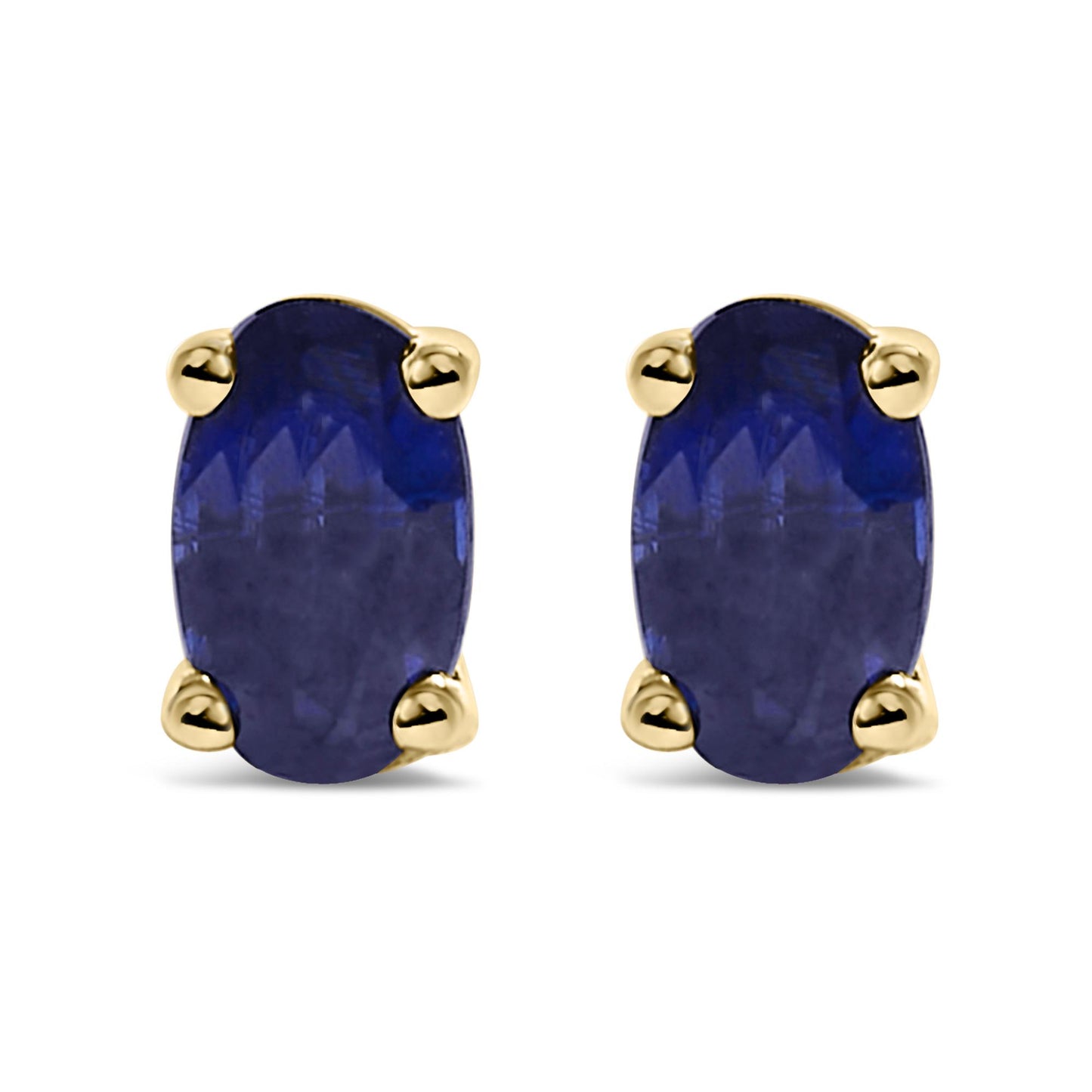 Front view of yellow metal stud earrings with oval-shaped blue gemstones in prong settings.