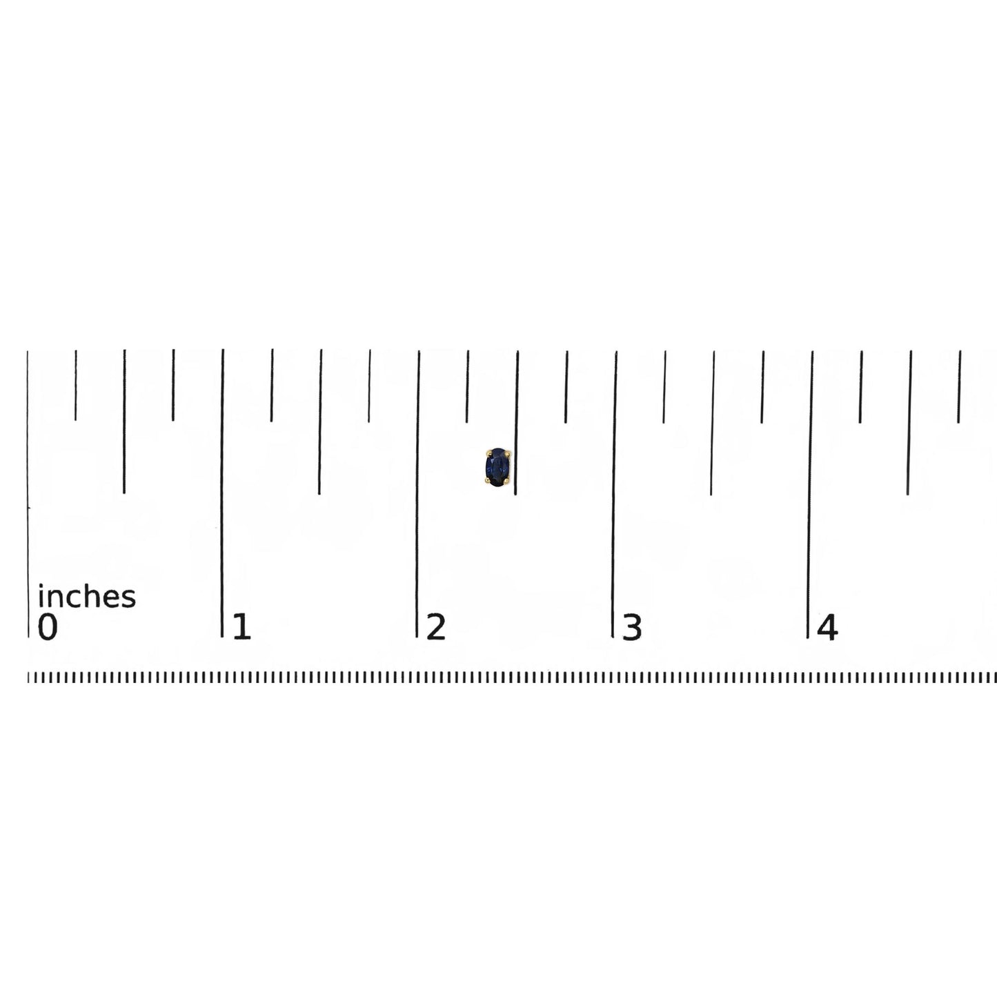 Close-up image of a single yellow metal earring with an oval blue gemstone in prong setting, shown on a ruler for size reference.