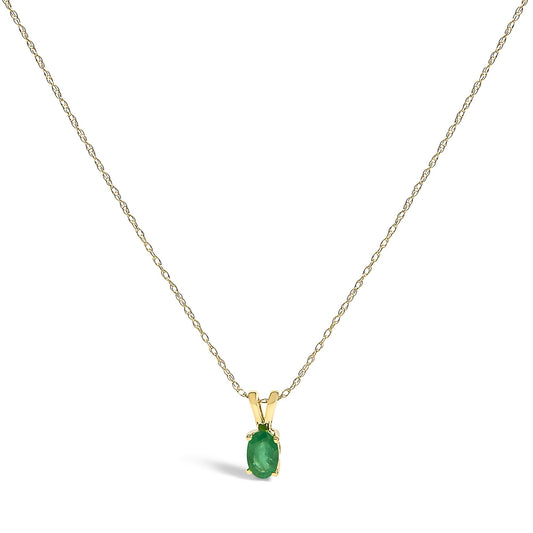 Front view of a yellow necklace featuring a single oval-shaped green gemstone pendant in a four-prong setting.